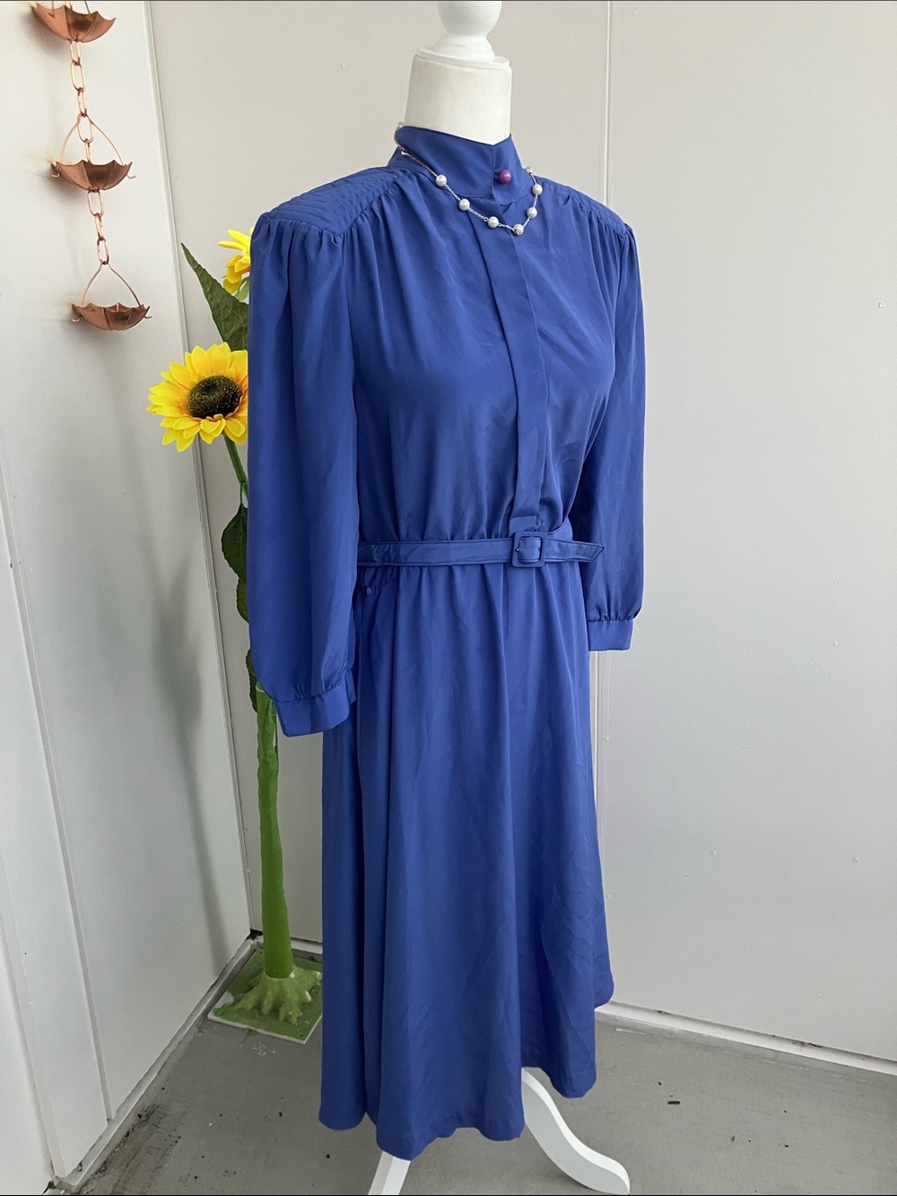 Vintage 80s Blue Monochrome Button Up Long Sleeve High Neck Belted Midi Dress